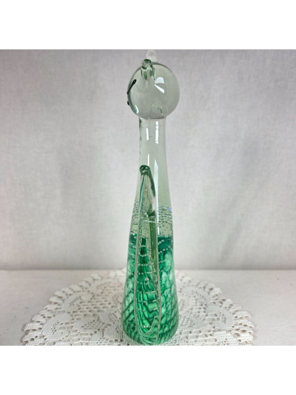 Large Vintage Art Glass Cat Sculpture Green Controlled Bubble Latticino 12" Tall - Picture 5 of 9